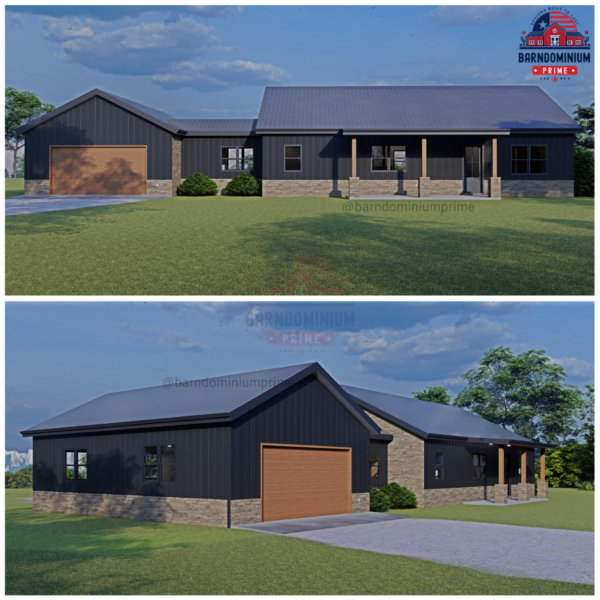 Barndominium custom design with stock plan, featuring modern exterior and large garage.