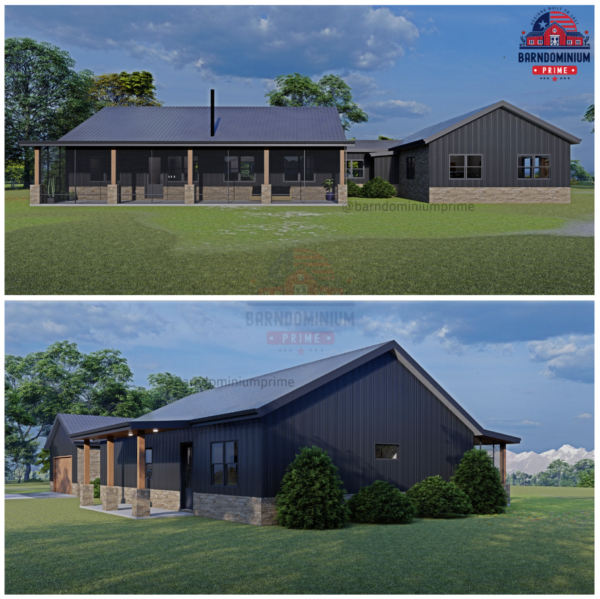 Barndominium custom design with stock plan, featuring modern exterior and large garage.