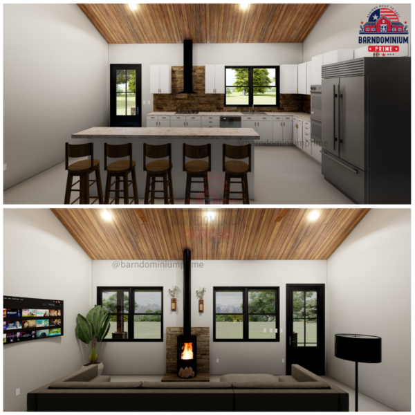 Barndominium custom design with stock plan, featuring modern exterior and large garage.