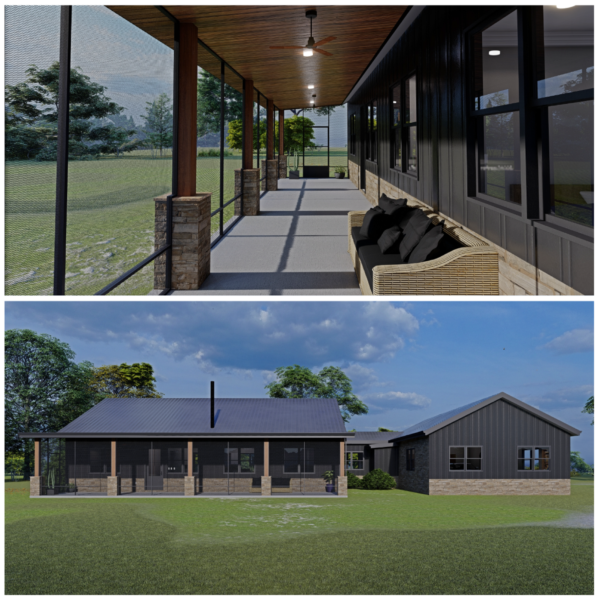 Barndominium custom design with stock plan, featuring modern exterior and large garage.