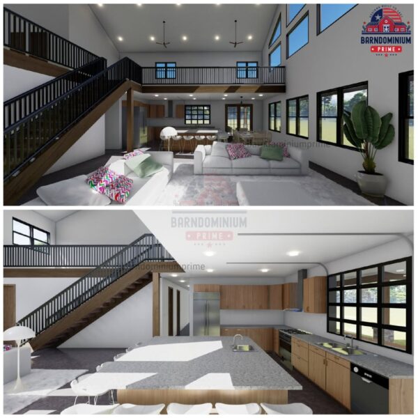 barndominium great room, kitchen, and living room